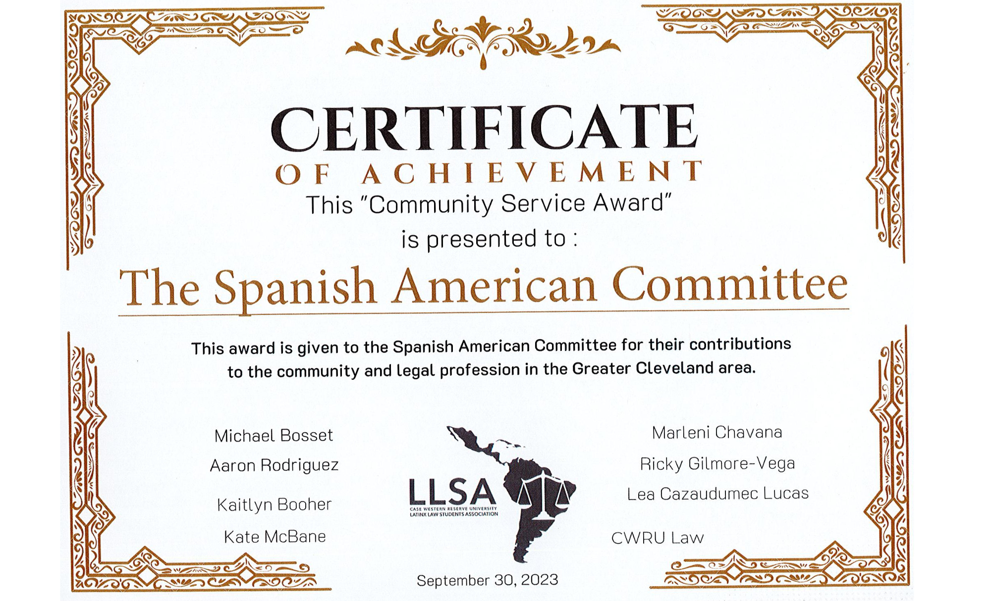 Certificate of Achievement for Community Service Award presented to the Spanish American Committee