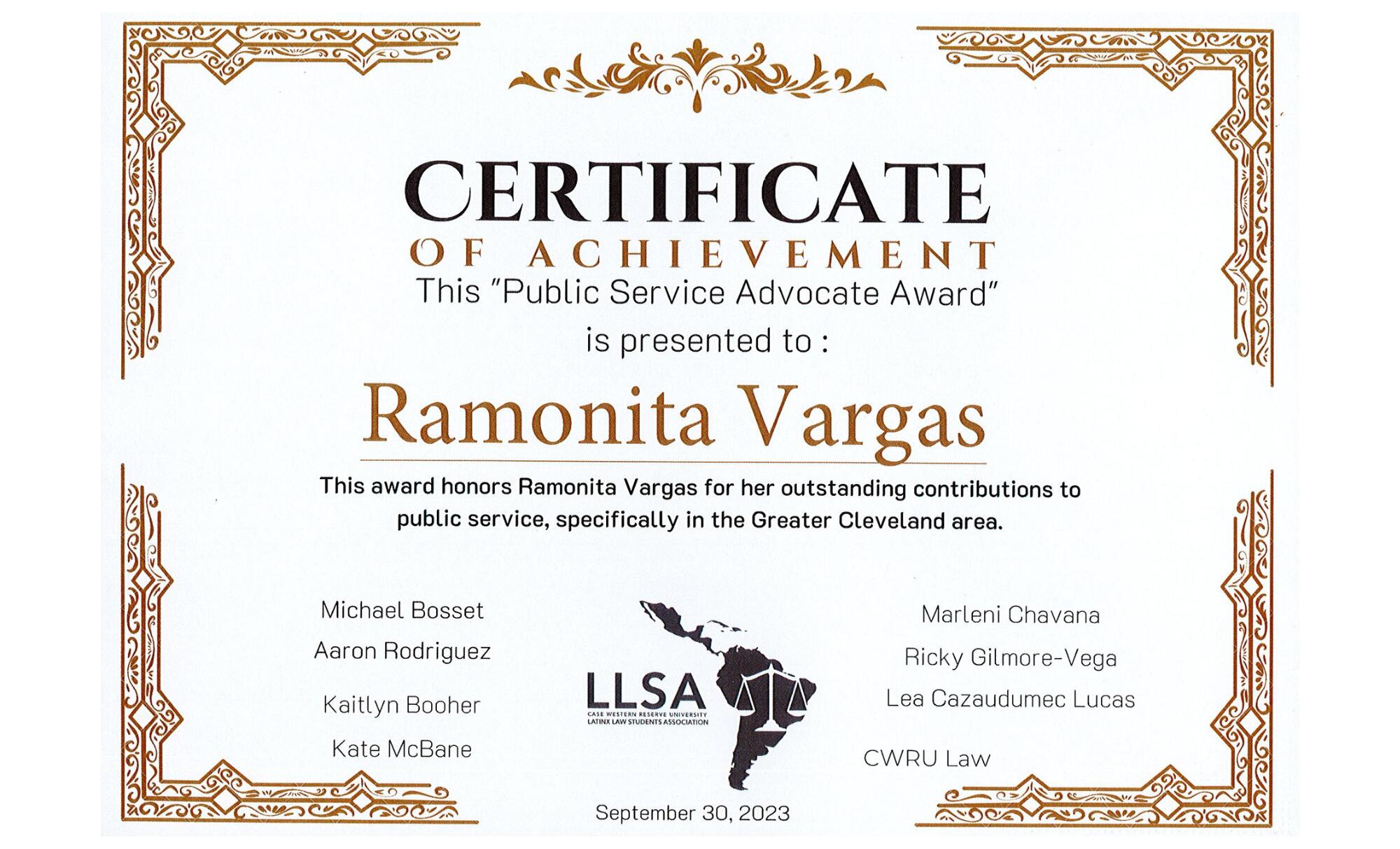 Certificate of Achievement for Public Service Advocate Award presented to Ramonita Vargas