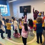 A group of young children stand in a classroom, facing two adults who are leading an interactive activity with raised arms. The children are engaged and participating enthusiastically.