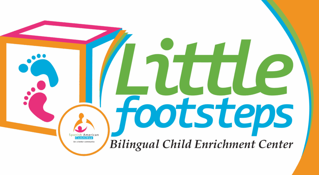 Logo for Little Footsteps Bilingual Child Enrichment Center featuring blue and pink footprints in a cube and a smaller logo for the Spanish American Committee with stylized figures and colorful text.