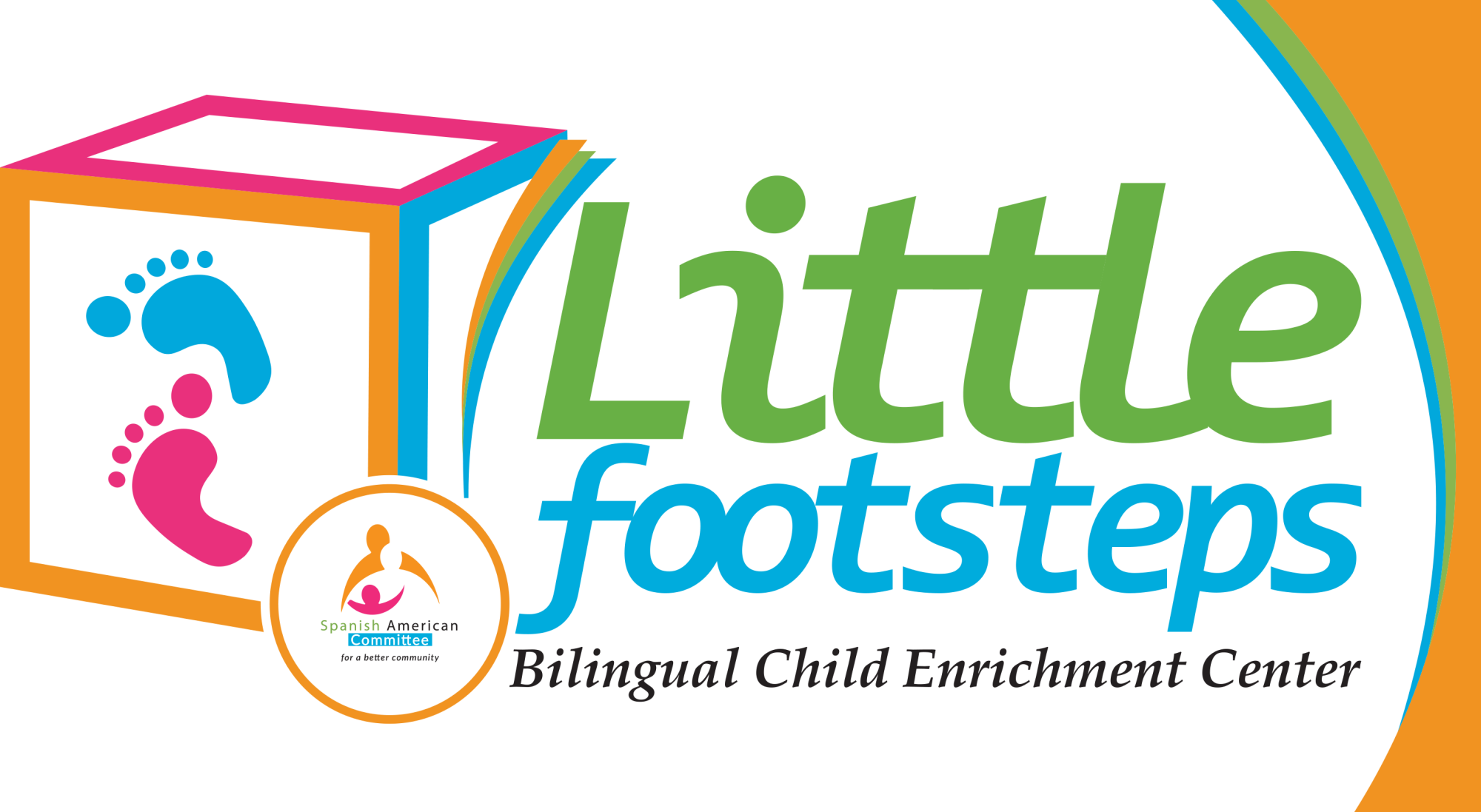 Logo for Little Footsteps Bilingual Child Enrichment Center featuring blue and pink footprints in a cube and a smaller logo for the Spanish American Committee with stylized figures and colorful text.
