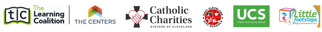 A row of six organizational logos, including The Learning Coalition, The Centers, Catholic Charities, a circular logo with red and black elements, Urban Community School, and Little Footsteps.