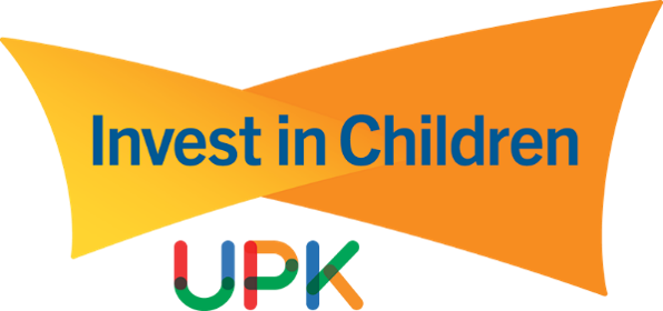 An orange and yellow abstract banner with the words Invest in Children in blue text above the colorful letters UPK at the bottom.