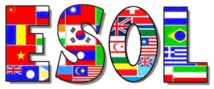 The letters “ESOL” are filled with various colorful world flags, representing the diversity of languages and countries involved in English for Speakers of Other Languages.
