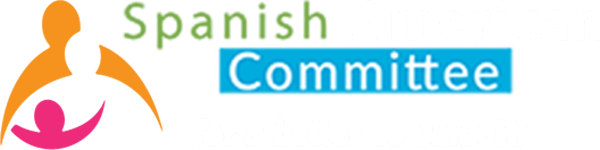 Logo for the Spanish American Committee, featuring abstract figures of adults and a child alongside the text Spanish American Committee for a better community in various colors.