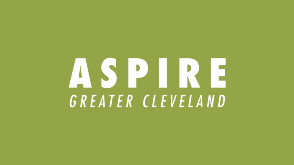 White text on a green background reads ASPIRE in large bold letters, with GREATER CLEVELAND in smaller capital letters underneath.