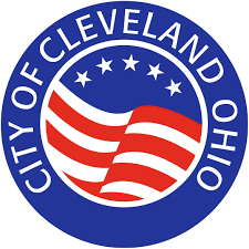 City of Cleveland, Ohio logo featuring a stylized red and white flag with five stars in a blue circle, and the words City of Cleveland Ohio around the border.