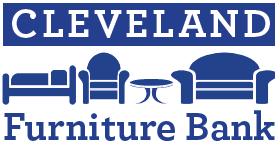 Logo for Cleveland Furniture Bank featuring the organization’s name in bold blue letters above and below blue icons of a bed, armchair, coffee table, and sofa arranged in a row.