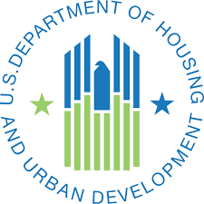U.S. Department of Housing and Urban Development logo featuring a blue eagle with outstretched wings above green vertical bars, surrounded by a blue circle with the department’s name and two stars.