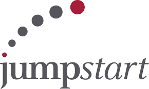 The word jumpstart in gray lowercase letters, with six dots arcing upward from the left, increasing in size and ending with a large red dot.