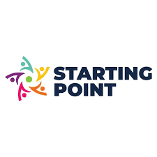 Logo with the words STARTING POINT in bold dark blue letters. To the left, colorful abstract figures form a circular design, representing diversity and community. The background is white.