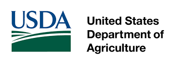 USDA logo with blue letters and a green stylized field, next to the text United States Department of Agriculture in black on a white background.