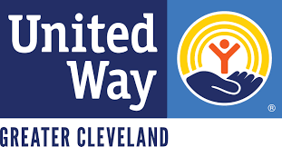 United Way Greater Cleveland logo, featuring United Way text, a stylized hand holding a person with radiating yellow lines, and Greater Cleveland written below.