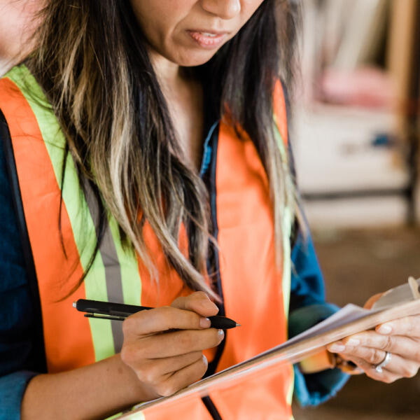 A person wearing an orange safety vest holds a clipboard and writes with a pen, focusing on the document. The background is blurred, suggesting a work or construction site.